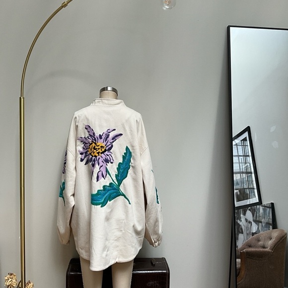 Jackets & Blazers - Natural Denim sunflower hand embroidered cotton beige bomber varsity  jacket.